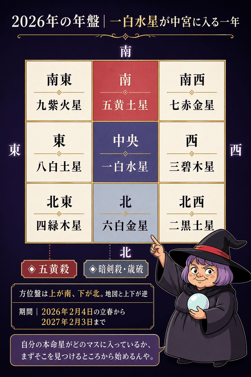 上が南・下が北で描いた2026年の年盤。中宮に一白水星、南に五黄土星、北に六白金星が入り九つの宮の星を示した図解