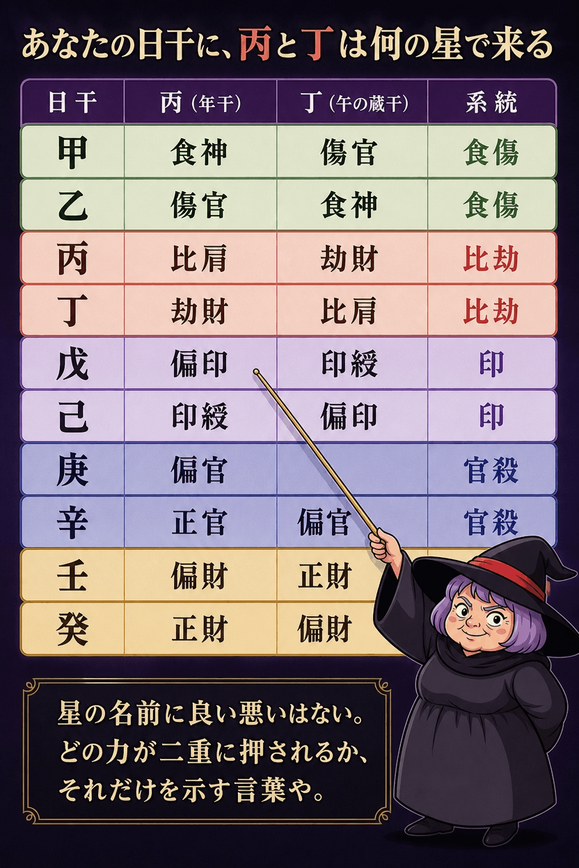 十干それぞれに丙と丁が何の通変星として巡るかを並べた日干別早見表の図解