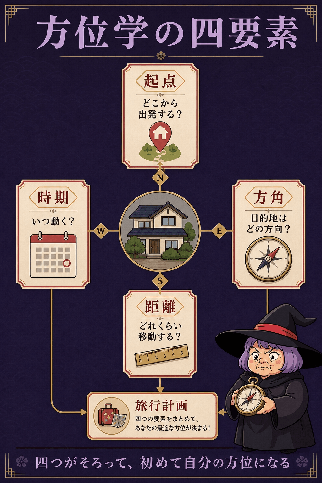 方位学の六つの材料を本人・起点・目的地・方角・時期・移動条件に分けた図解