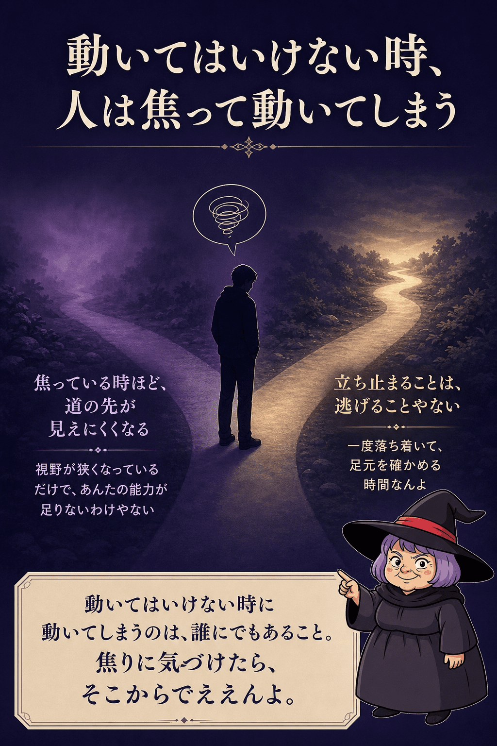 分かれ道で立ち止まる人影と、静かに寄り添う占いババのイラスト