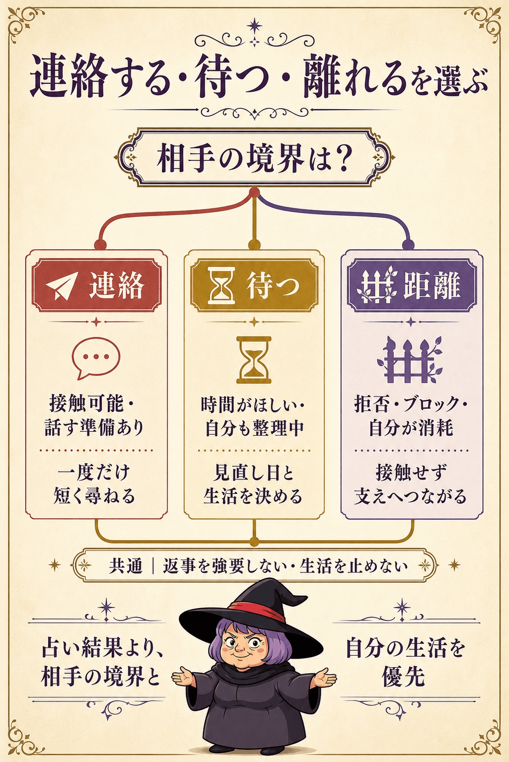 復縁の現在地から連絡する・待つ・距離を置くを選ぶ判断図