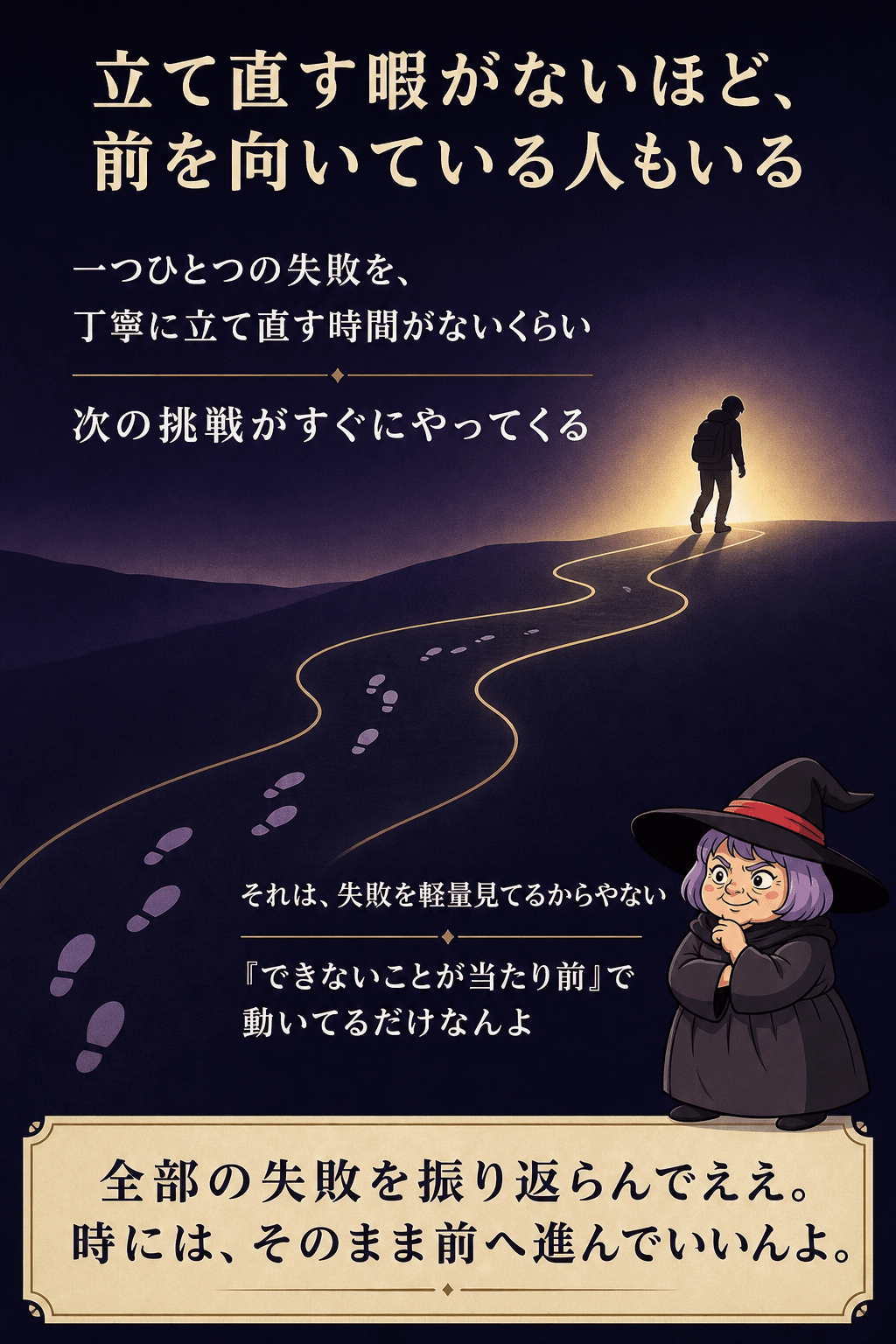 失敗を重ねながらも、立ち止まらずに前へ歩き続ける人影のイラスト