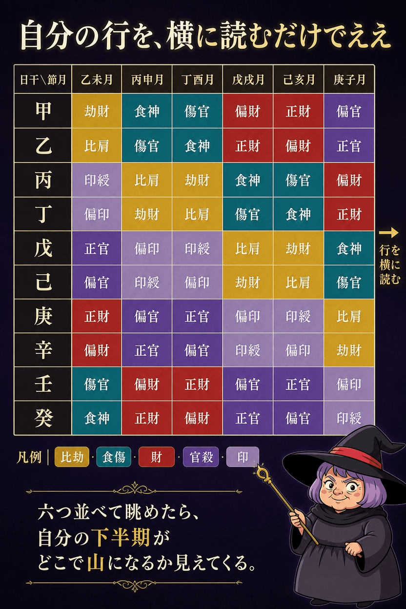 六つの節月と十干を掛け合わせた六十マスの通変星早見表