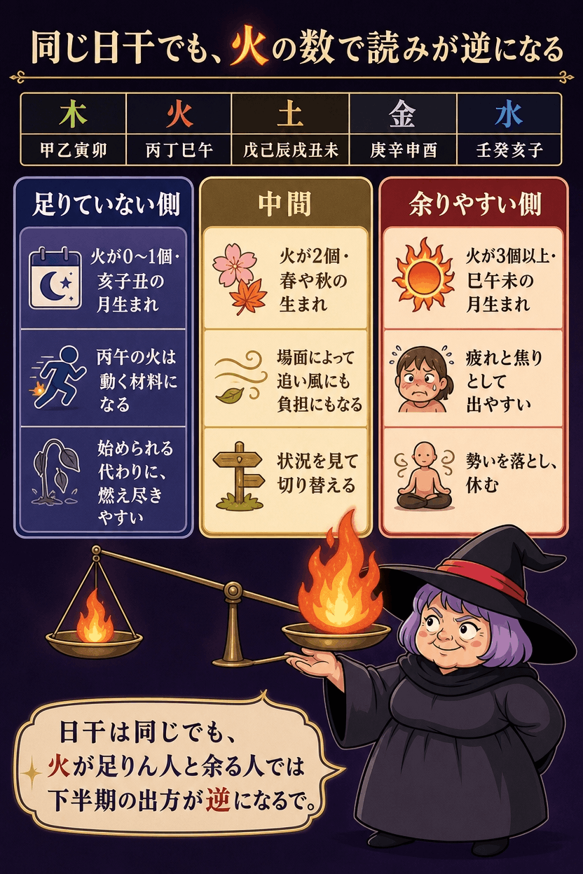命式の五行を数えて火が足りない側と余る側を見分ける判断の図解