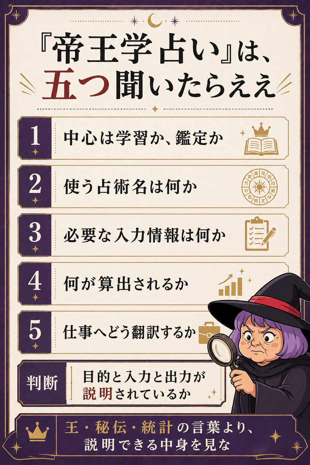 「帝王学占い」は、五つ聞いたらええ「1|中心は学習か、鑑定か」 「2|使う占術名は何か」 「3|必要な入力情報は何か」 「4|何が算出されるか」 「5|仕事へどう翻訳するか」