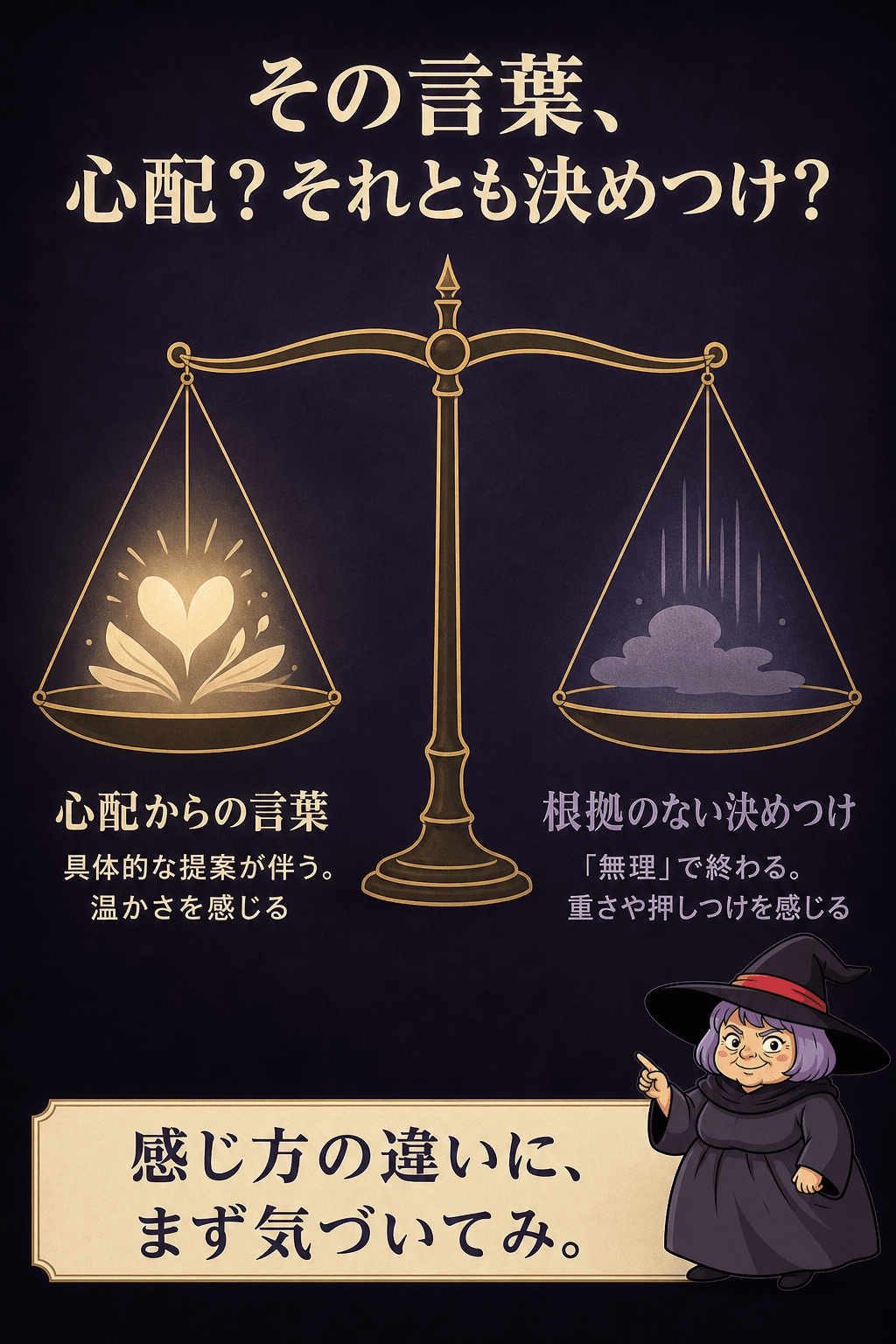 心配の言葉と根拠のない言葉を天秤にかけて見分けるイラスト