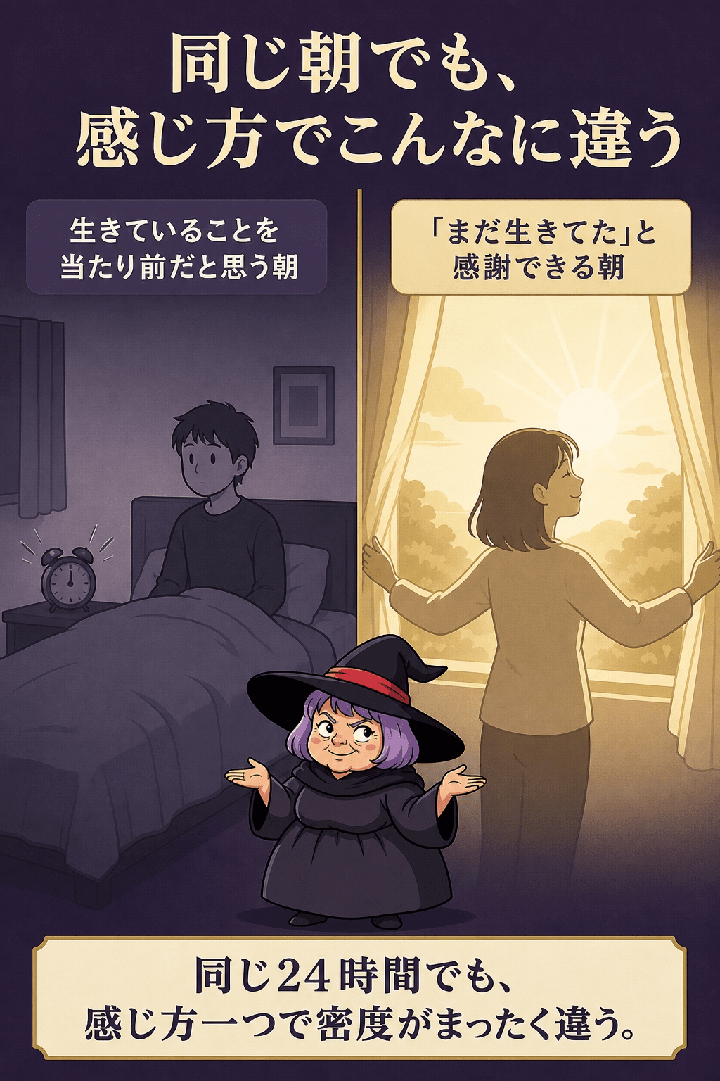 今日という日を当たり前に過ごす朝と、感謝しながら迎える朝を対比するイラスト