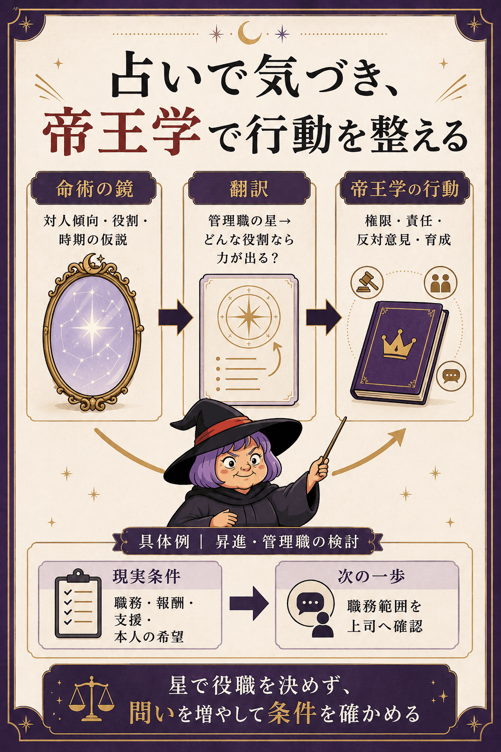 「占いで気づき、帝王学で行動を整える」「命術の鏡|対人傾向・役割・時期の仮説」 「翻訳|管理職の星→どんな役割なら力が出る?」 「帝王学の行動|権限・責任・反対意見・育成」 「現実条件|職務・報酬・支援・本人の希望」 「次の一歩|職務範囲を上司へ確認」