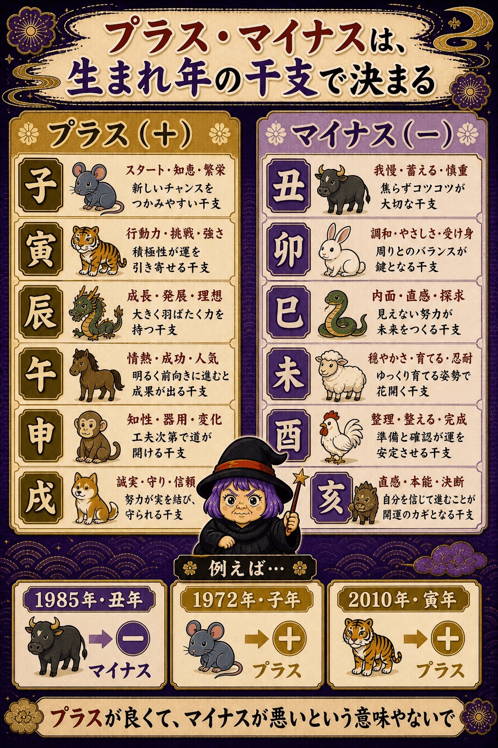 十二支をプラス六支とマイナス六支へ分けた対応図