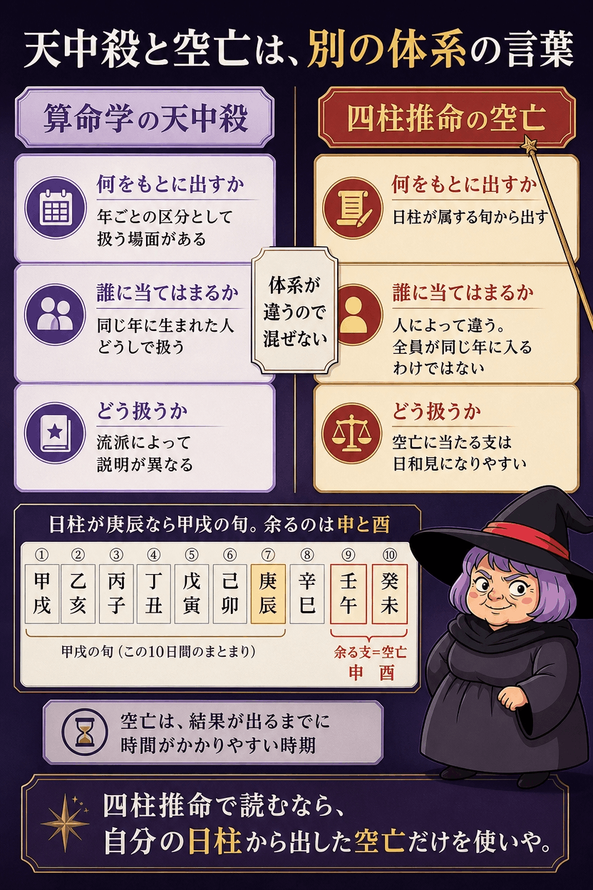算命学の天中殺と四柱推命の空亡を左右に並べて体系の違いを示した図解