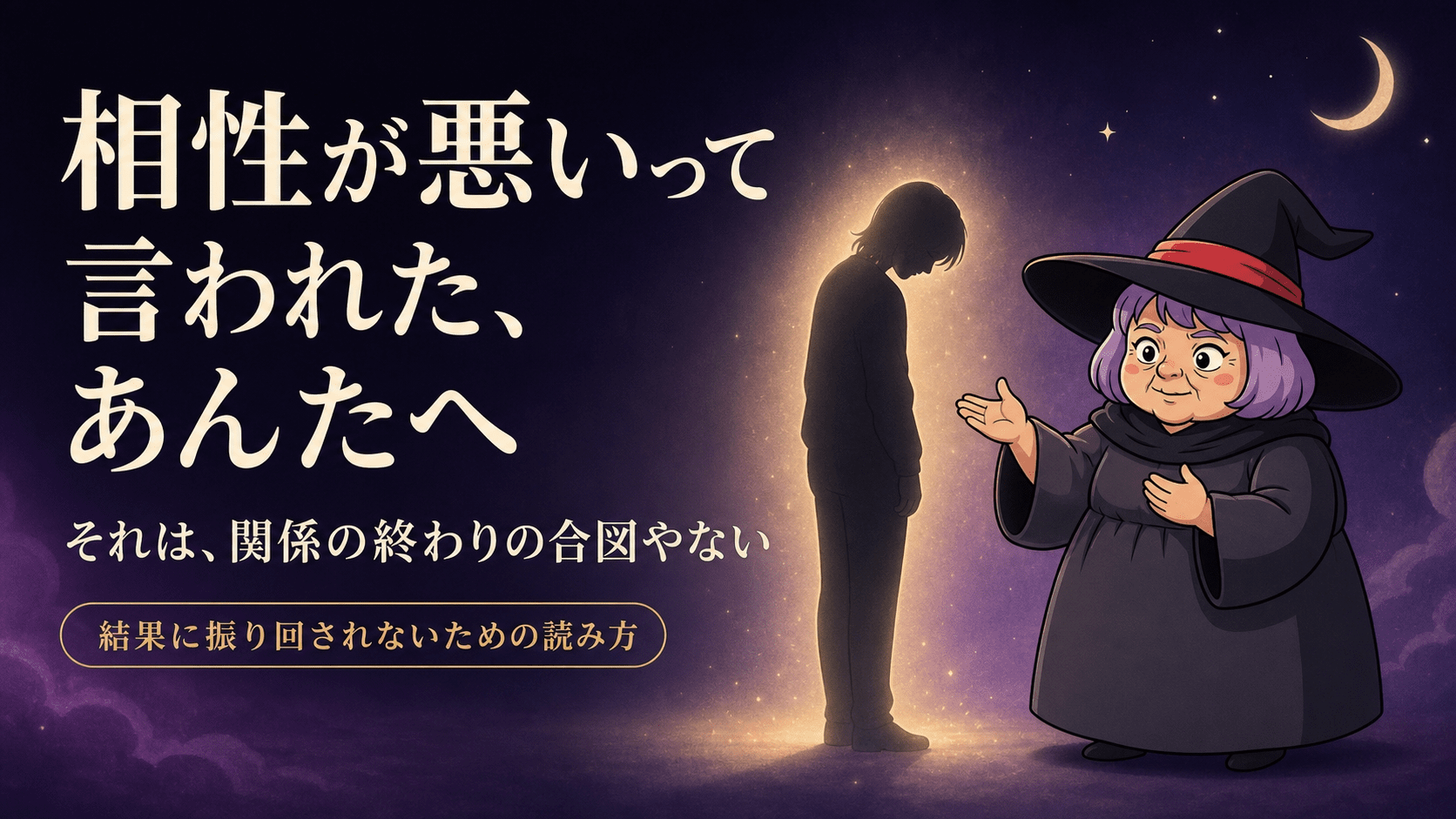 落ち込む気持ちを示す図と、占いババが優しく寄り添うイラスト