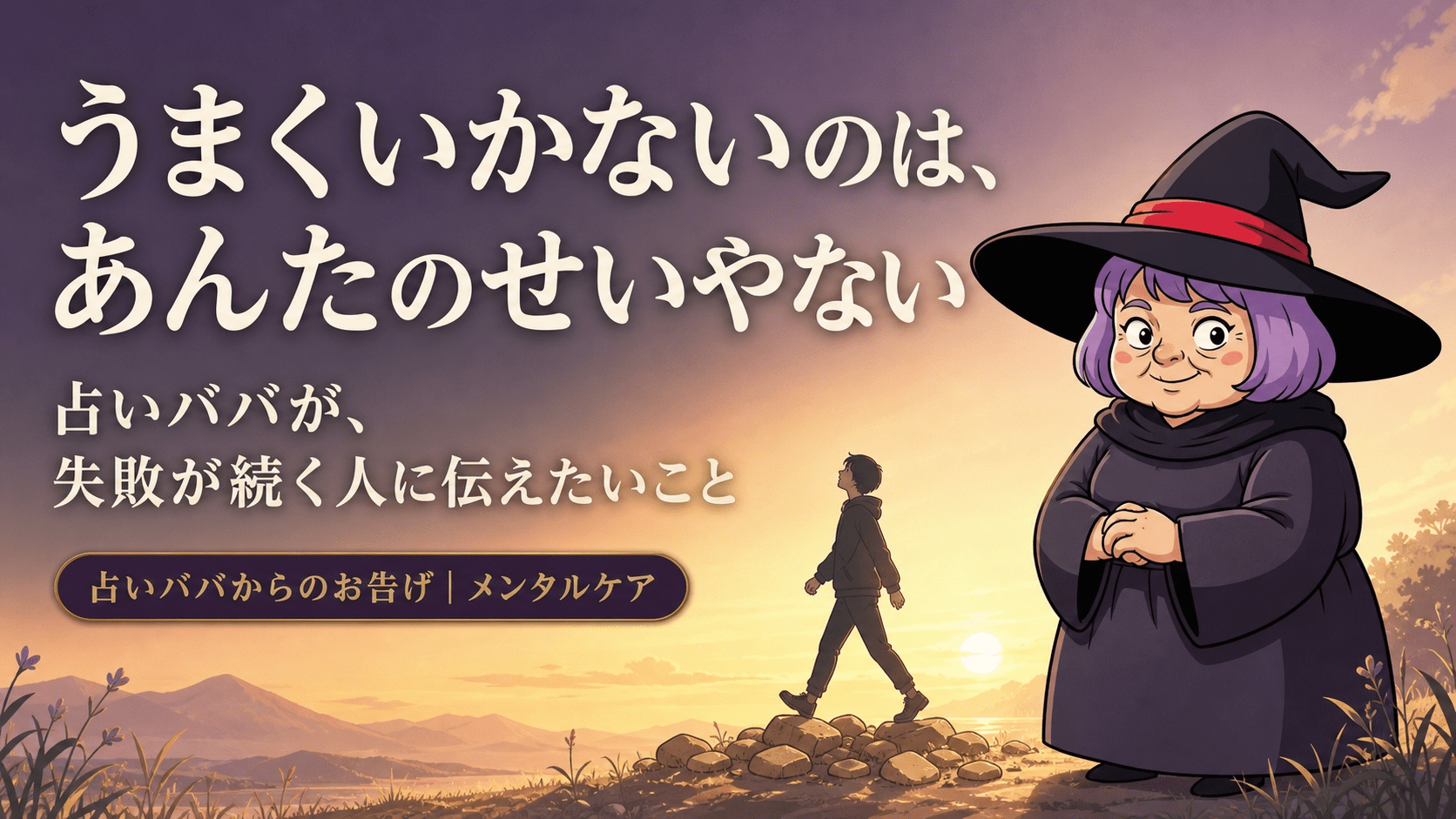 積み重なる失敗の中でも歩き続ける人影と、寄り添う占いババのイラスト