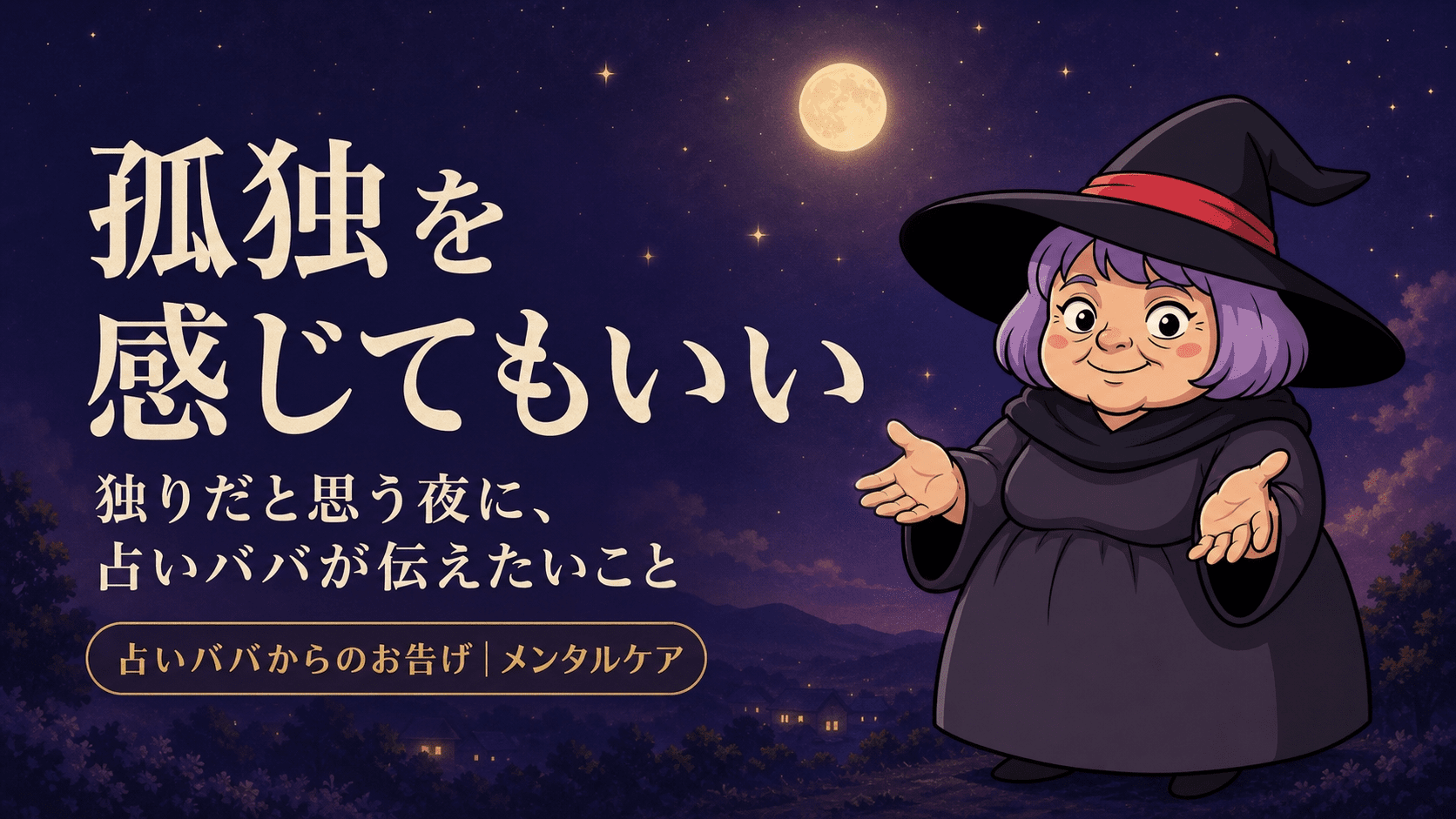 夜の中で静かに寄り添う占いババのイラスト