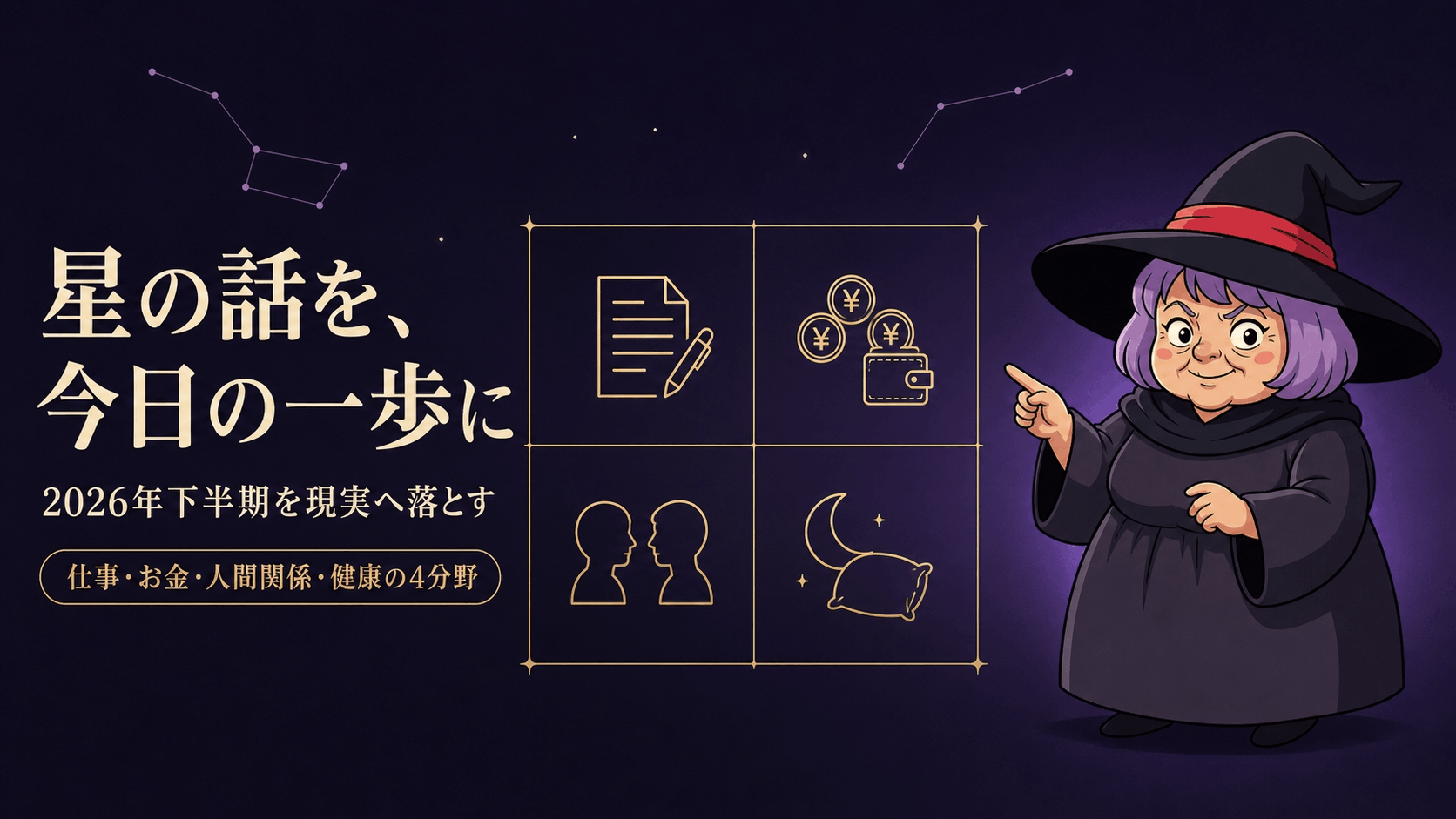 仕事・お金・人間関係・健康の4分野へ2026年下半期の星の動きを翻訳する4象限の図と、右側で前を指し示す占いババのイラスト