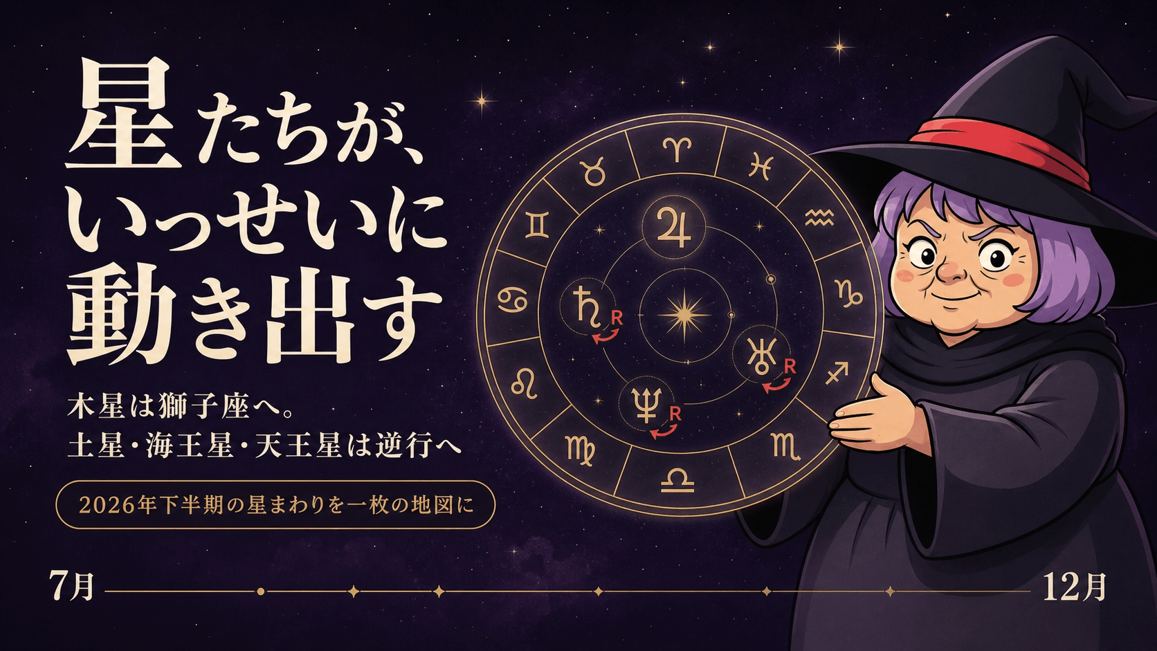 木星・土星・海王星・天王星が動く2026年下半期の星の地図を掲げる占いババのイラスト