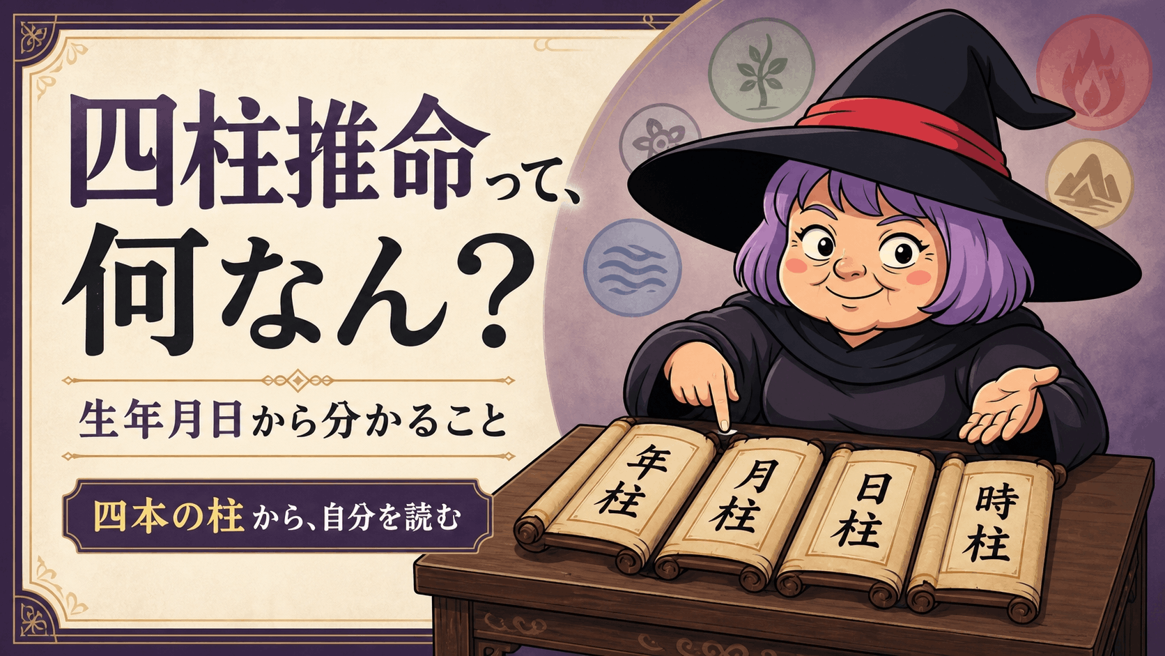 年柱・月柱・日柱・時柱の四本の巻物を広げて四柱推命を説明する占いババ