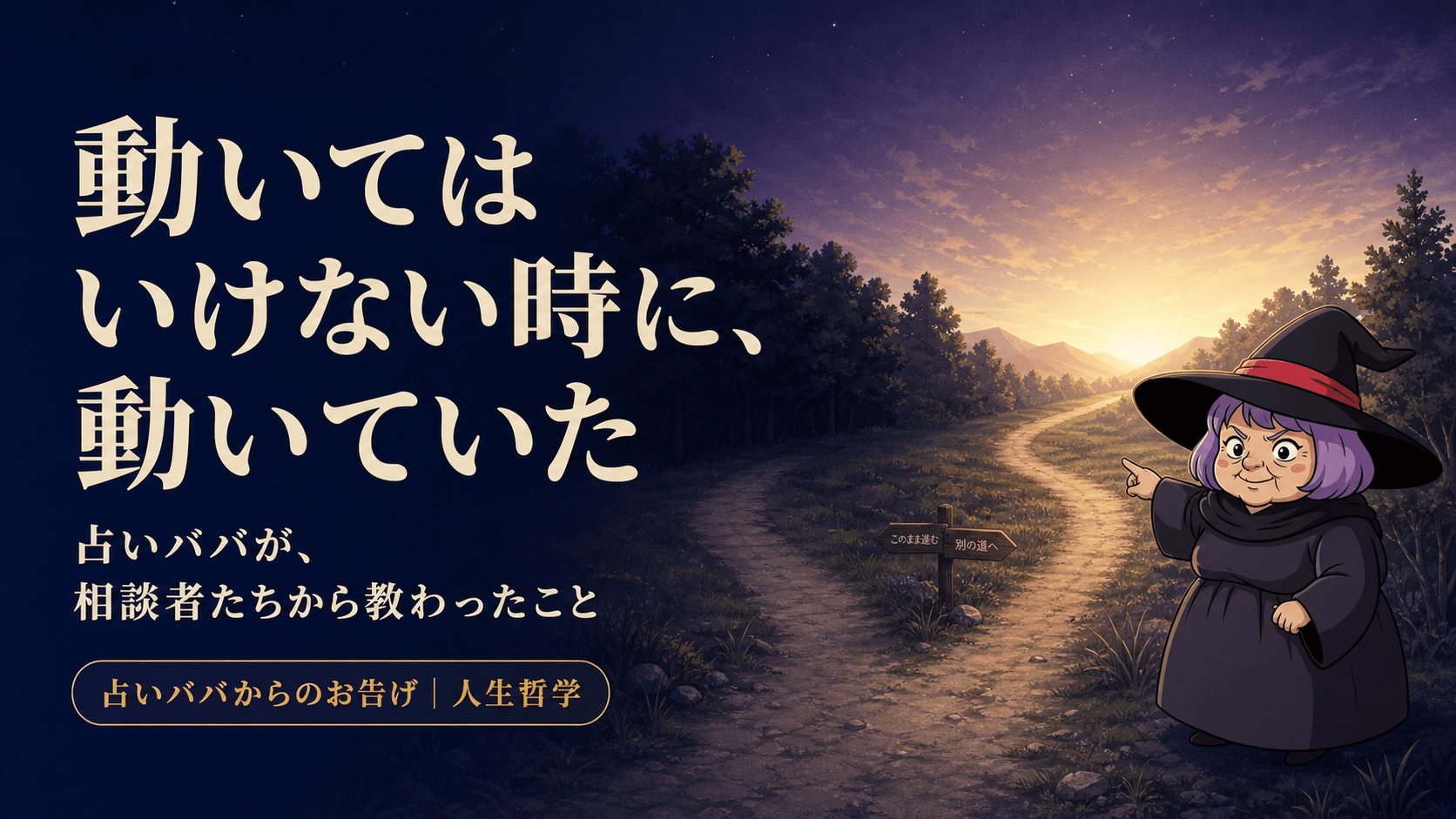 分かれ道で立ち止まる人影と、静かに寄り添う占いババのイラスト