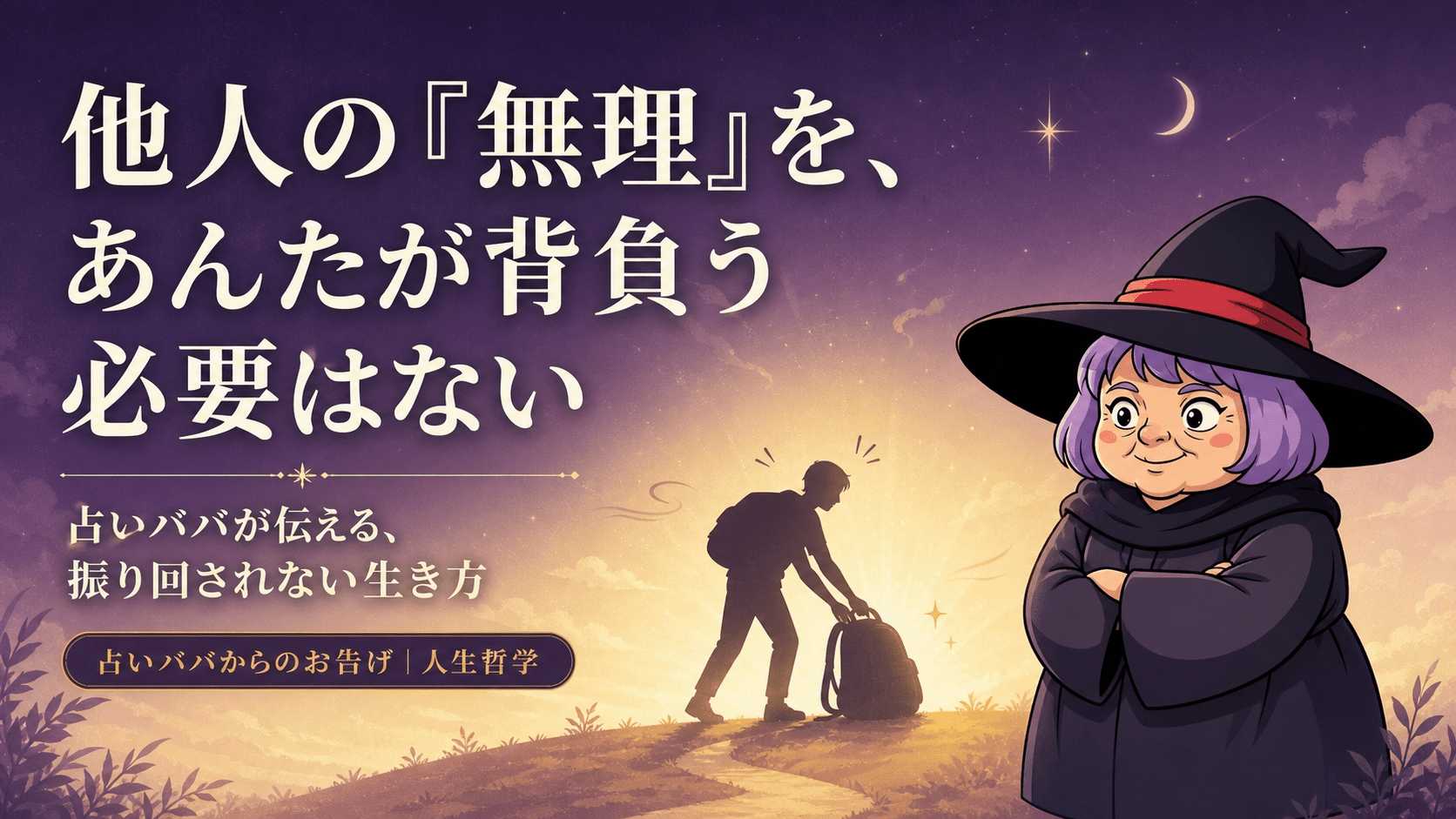 重荷をそっと降ろす人影と、寄り添う占いババのイラスト